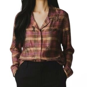 Chico's Pink and Orange Plaid Shacket with Beaded Design